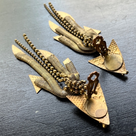 80's Mixed Metal Ball Chain Modern Brutalist Artisan Arrowhead Dangle Earrings - Picture 10 of 12
